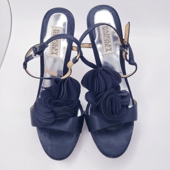 Badgley Mischka Black Adele Flower Ankle Strap Heels Shoes Women's Size 8 - Picture 6 of 11